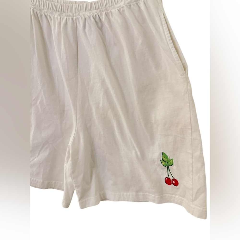 Cute White Cotton Lounge Shorts with Embroidered Cherries